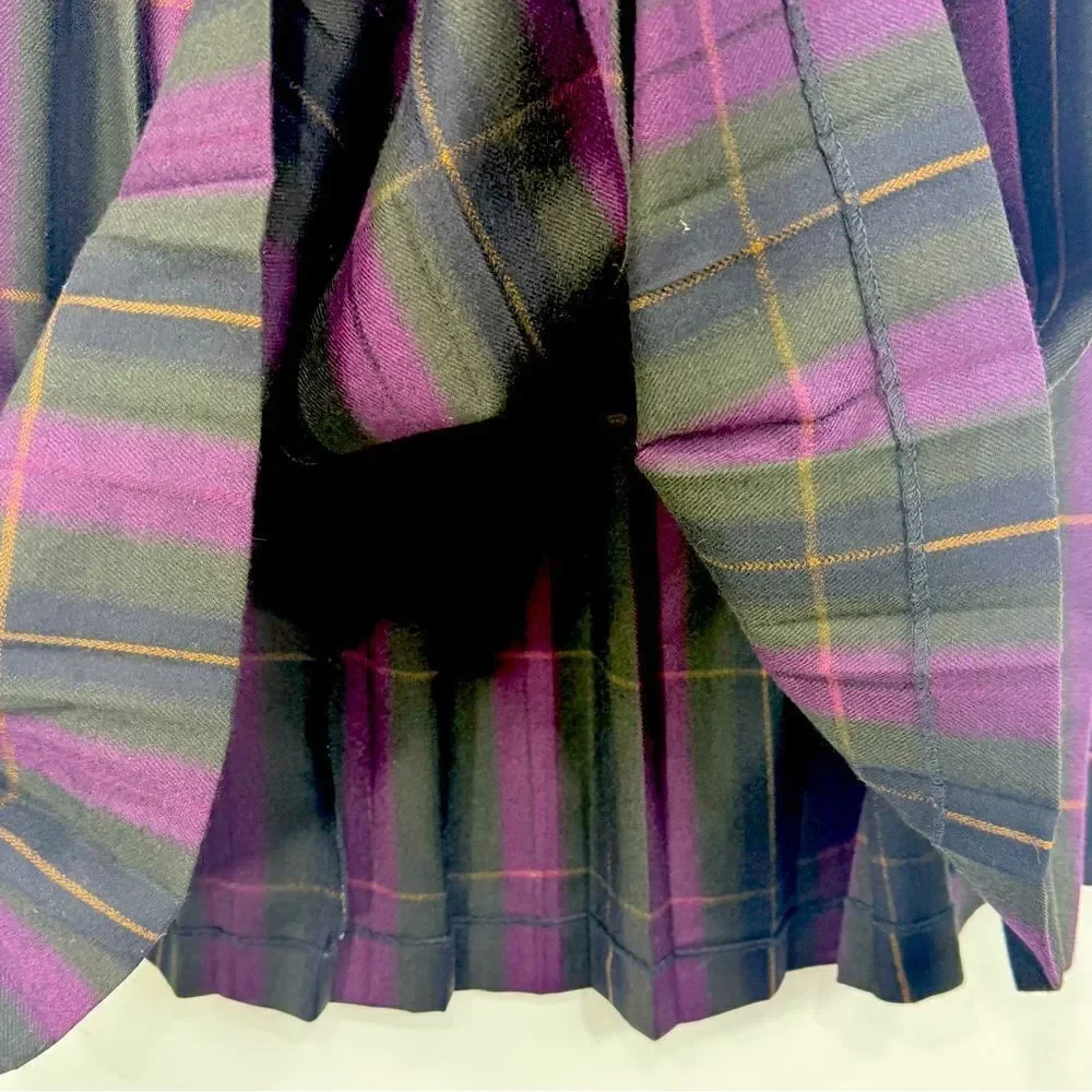 Premiere Green Burgundy Plaid 100% Wool Vintage Dark Academia Pleated Midi Skirt